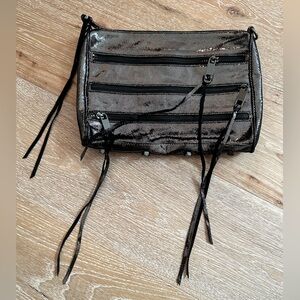 REBECCA MINKOFF black leather metallic pouch handbag